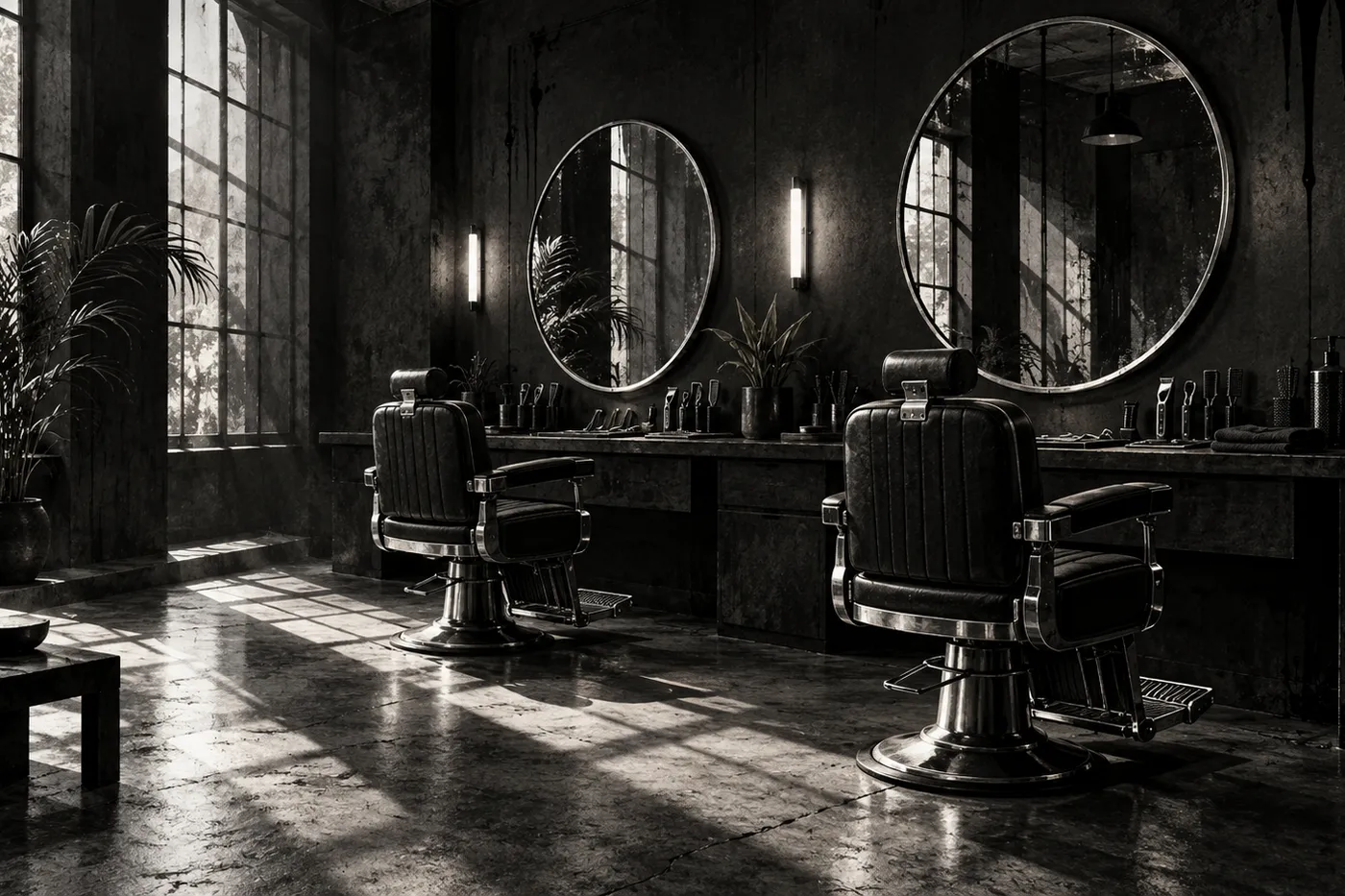 Illustrative dark barbershop interior with two chairs, round mirrors and tall windows (not a photo of the shop)