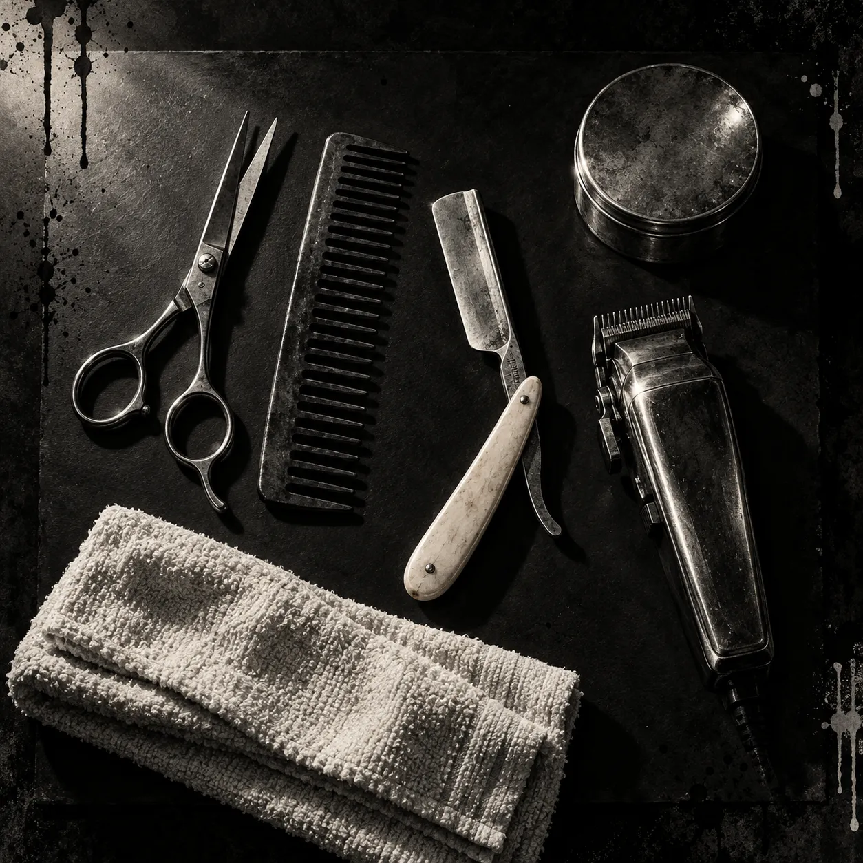 Illustrative flat lay of scissors, comb, straight razor, clippers and a folded towel on a dark surface (not a photo of the shop)