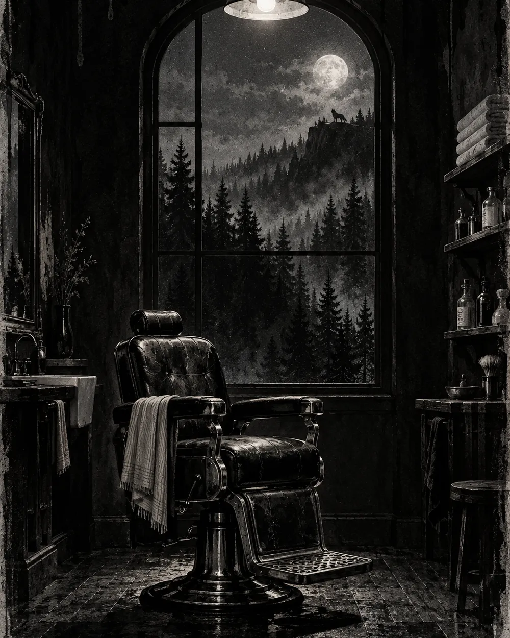 Illustrative black-and-white barber chair by an arched window looking out on a moonlit pine forest (not a photo of the shop)